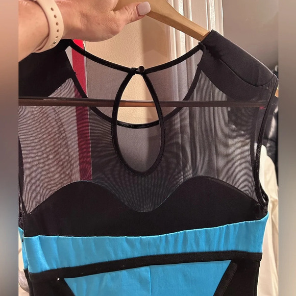 Bebe Melany Mesh Satin Stretch Turquoise Blue and Black Bodycon Pencil Dress XS - Picture 14 of 16
